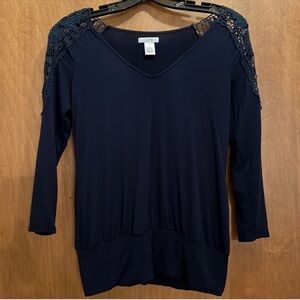 Cache Navy Lace Shoulder Top